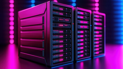 Poster - High tech server racks with vibrant lighting display