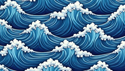 Aufkleber - Seamless pattern of powerful ocean waves. Strong dynamic blue waves with white foam. Artistic stylized wave pattern illustration. Ocean waves with decorative foam. Decorative ocean background for
