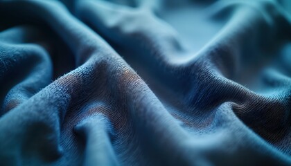 Aufkleber - Closeup view of deep blue denim fabric. Fabric texture visible in wrinkles, creases. Smooth, soft surface. Classic design for apparel fashion. Material looks like cotton denim. Dramatic colors.