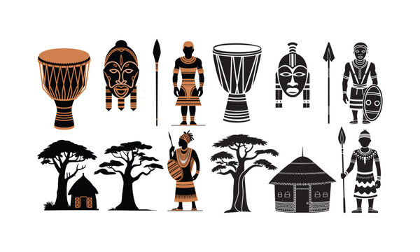 Collection of African cultural illustrations including drums, masks, traditional attire, huts, spears, and iconic acacia trees.