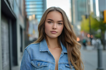 Fashion model wearing denim jacket posing in urban background, showcasing casual clothing style for young adults