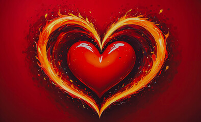 Poster - A red heart with flames surrounding it. The heart is surrounded by fire, giving the impression of a burning heart