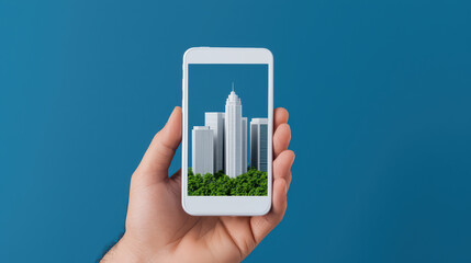 Poster - hand holding smartphone displaying city skyline