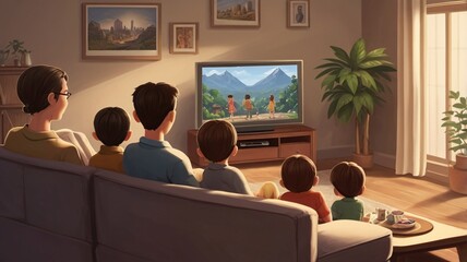 Wall Mural - graphical illustration of family watching tv