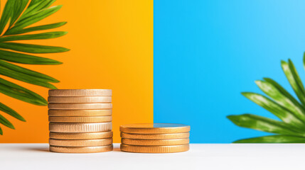 Poster - Stacks of coins on colorful background with leaves