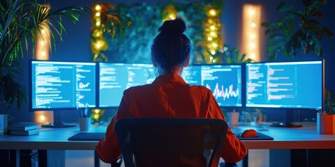 Poster - Digital marketing professional analyzing trends on multiple screens in a modern office bright lighting wide-angle view
