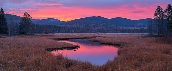 Wall Mural - Pink sunrise over tranquil marsh reflecting on calm water, mountains in background.