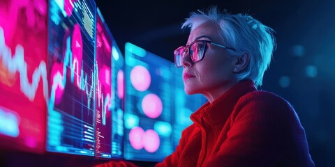 Poster - Digital marketing professional analyzing trends on multiple screens in a modern office environment