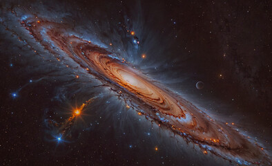 Poster - a spiral galaxy with a bright yellow star in the center. the galaxy is filled with stars and has a b