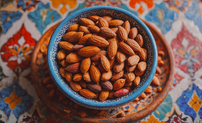 Poster - A bowl of almonds is on a table with a colorful background. The almonds are scattered all over the bowl, and the bowl is blue. The image has a warm and inviting mood, as the almonds are a popular