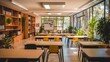 © subur - Bright and airy classroom with large windows, wooden furniture, and abundant plants, creating a calm and inviting learning environment.