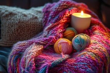 Aufkleber - Cozy knitted blanket with colorful yarn balls and a warm candle glow in a comfortable living room setting. Generative AI