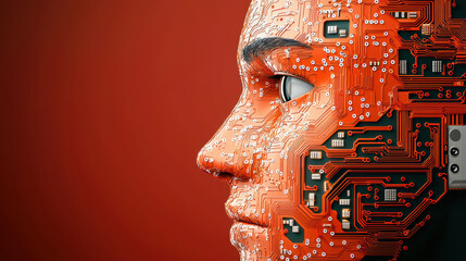Poster - Digital face with circuit patterns and orange background