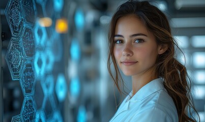 Poster - a young woman physician utilizing advanced virtual technology in pharmaceutical research, embodying 