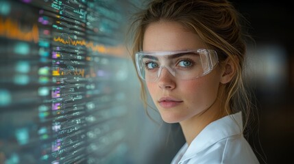 Poster - Doctor utilizing a futuristic digital medical interface in a 3D rendering of a medical app, with the screen displaying data and heart rate