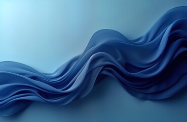 Poster - Dark blue fabric drapes gracefully in flowing waves against soft light blue background. Elegant design evokes sense of motion, fluidity. Smooth curves, seamless transitions create stunning abstract