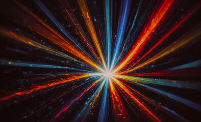 Poster - A colorful light show with a bright yellow star in the center. The colors are vibrant and the light is scattered throughout the image