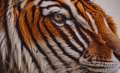 Poster - A tiger's face is shown in a close up. The tiger has a striped face and a yellow eye