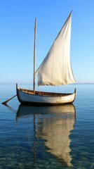 Aufkleber - Sailing boat with white sail gliding on calm waters during clear day. Generative AI