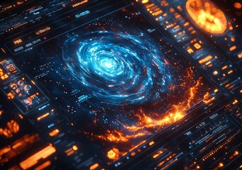 Poster - Human hair structure analysis using a blue holographic user interface. An interactive infographic concept for the future of medicine
