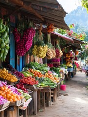 Aufkleber - Colorful fresh produce market bustling with local vendors and vibrant fruits surrounded by lush greenery in a sunny setting. Generative AI