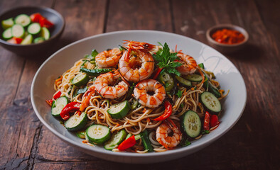 Aufkleber - A plate of shrimp and vegetables is on a wooden table. The plate is full of food and the vegetables are fresh and colorful. The shrimp are cooked and look delicious. The table is surrounded by bowls