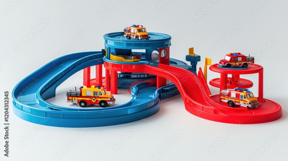 Colorful toy car track with emergency vehicles on curved ramps and ...