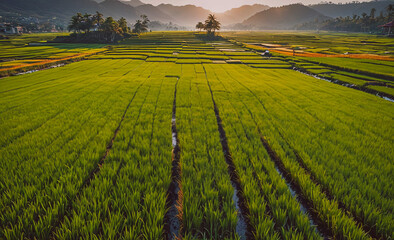 Poster - A field of rice is shown with a beautiful sunset in the background. The rice is green and the sky is orange