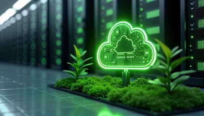 Poster - Eco-friendly cloud computing concept. Green energy icons on data centers. Modern tech solution for sustainable business. Illustrative image shows server rooms with glowing cloud symbol. Plants, moss