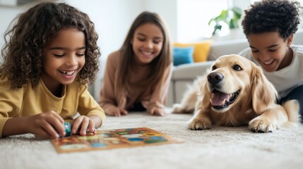 A family of three children and a dog playing together on a carpet. The children are playing a board game while the dog lays on the floor. Scene is happy and playful