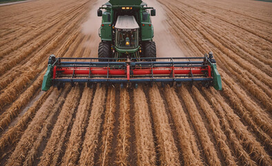 Poster - A green tractor is driving through a field of grain. The tractor is pulling a combine harvester behind it. The combine harvester is cutting the grain and collecting it in a bin