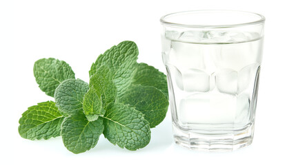 Wall Mural - glass of vodka with ice cubes and mint isolated on white background	