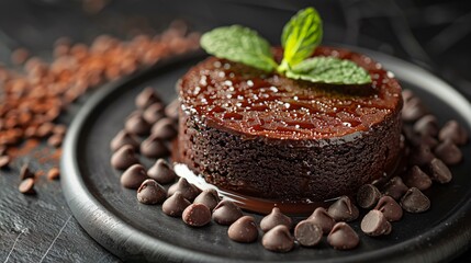 A close up of delicious chocolate cake served with chocolate chips on black plate