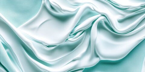 Smooth white cream texture, swirling patterns, light teal background, cosmetic product close-up, skincare moisturizer, glossy surface, minimalist beauty photography, soft lighting, abstract curves, si