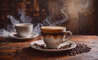 Aufkleber - A white coffee cup with a brown swirl on it sits on a wooden table. The steam from the coffee is rising and filling the air. Concept of warmth and comfort, as the coffee is a popular beverage for