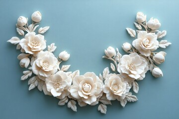 Wall Mural - Elegant white flowers and leaves arranged in an arch shape creating a delicate and romantic atmosphere