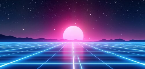 Poster - Futuristic landscape glows with blue-purple laser grids. Grids on vast plain stretch towards mountains under starry sky. Large pink-purple moon illuminates scene. Tech background suggests virtual