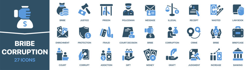 Aufkleber - Bribe and corruption colored signed icon collection. Prison, illegal, fraud, crime, money icons. UI icon set. Colored icons pack. Vector illustration