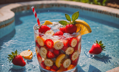 Poster - A glass filled with fruit and ice in a pool. The fruit includes bananas, strawberries, and oranges