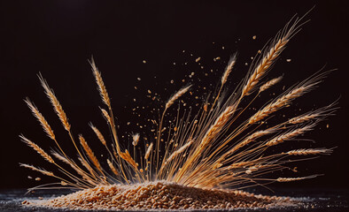 Poster - A pile of wheat is scattered across a black background. The wheat is in various stages of being blown away by the wind, creating a sense of movement and energy. The scene evokes a feeling of chaos and
