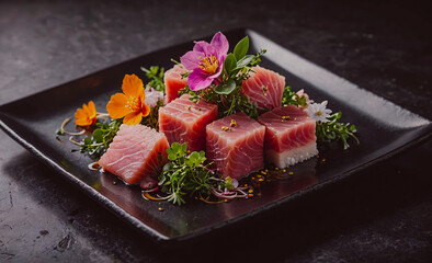 Poster - A plate of sushi with pink flowers on top. The plate is black and the sushi is cut into small pieces
