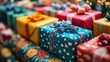 © Phata - Holiday gift wrapping station, close-up of vibrant wrapping paper and ribbons, organized and festive