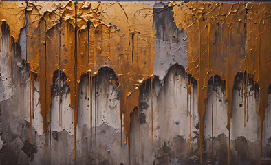 Poster - A painting of a wall with yellow paint dripping down it. The painting has a mood of chaos and disorder