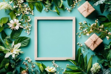 Wall Mural - Wooden frame decorated with flowers and gift boxes lying on a turquoise surface, perfect for spring celebrations