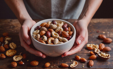 Poster - A person is holding a bowl of mixed nuts. The nuts include almonds, cashews, and walnuts. The bowl is placed on a wooden table, and there are many nuts scattered around the table