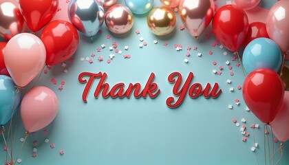 Festive thank you card with balloons and confetti on a blue background, celebration theme