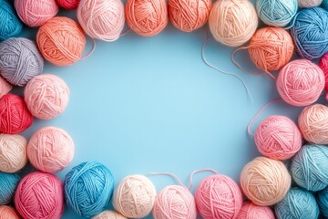 Many colorful yarn balls forming a frame on a light blue background, creating a vibrant and inspiring space for crafting projects