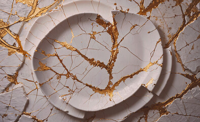 Poster - a white plate with gold trim is shattered into pieces. the plate is broken in a way that it looks li