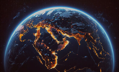 Poster - A close up of the Earth with a dark blue sky and a bright orange and yellow spot, which is the sun. The sun is surrounded by a halo of light, creating a warm and inviting atmosphere