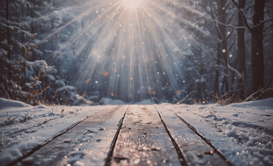 Poster - A snowy forest with a wooden bridge in the foreground. The sun is shining through the trees, creating a warm and inviting atmosphere